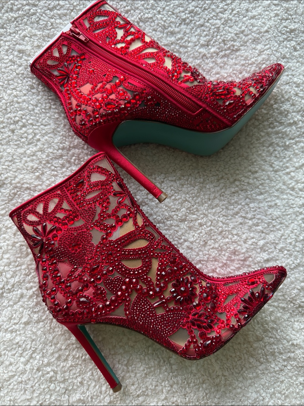 Betsey Johnson Red Embellished Lace Pointed-Toe Stiletto Ankle Boots - Picture 13 of 16
